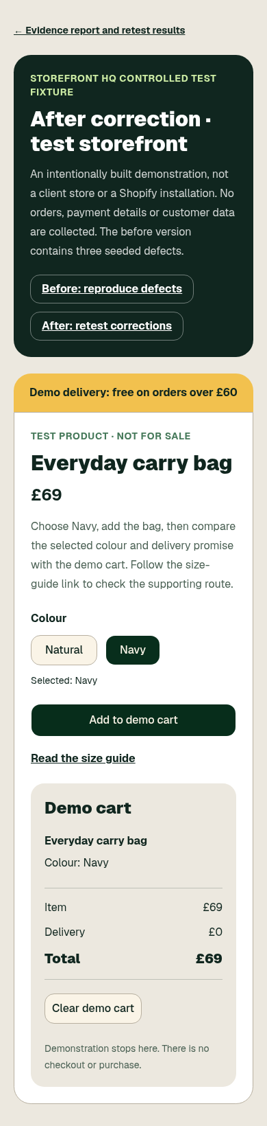 Actual mobile retest: Navy selected and added, delivery £0 on the £69 order.